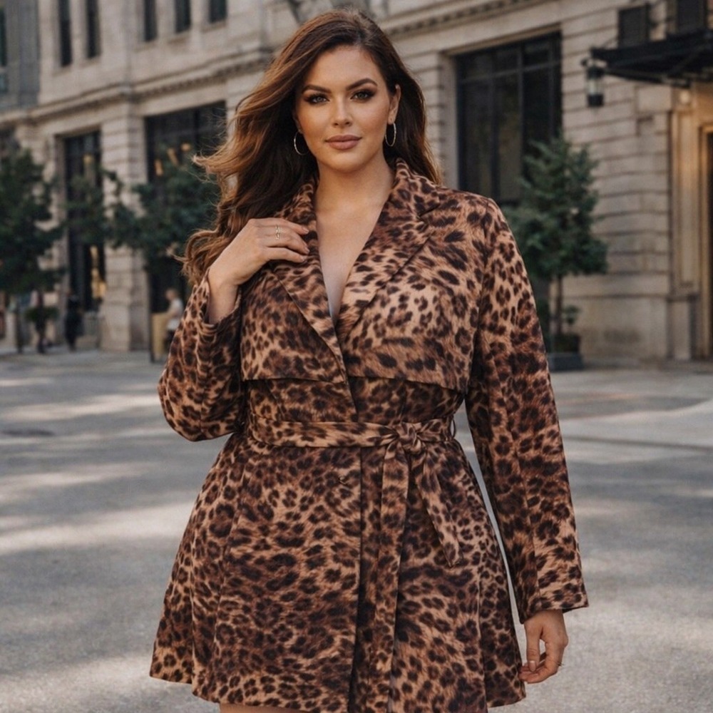 Badgley Mischka American Glamour Leopard‎ Belted Trench Coat Large